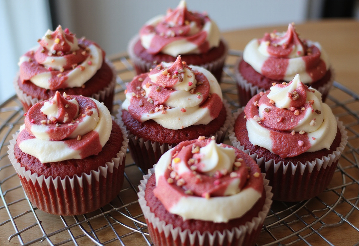 Freshly cooled Red Velvet Marble Cupcakes with marbled tops and cream cheese frosting, beautifully displayed on a wire rack in natural light.