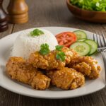 Final presentation of perfectly crispy honey butter chicken, garnished and served on a rustic table.