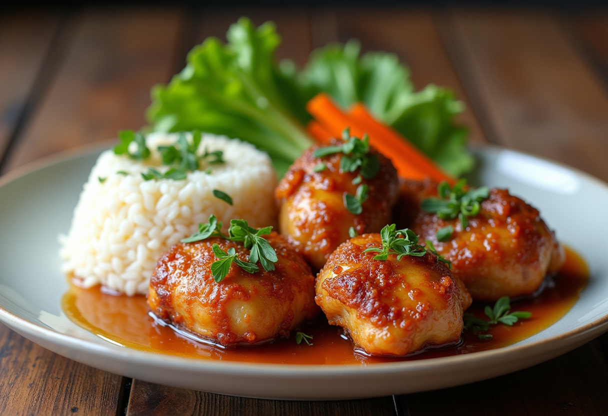 Final presentation of perfectly crispy honey butter chicken, garnished and served on a rustic table.