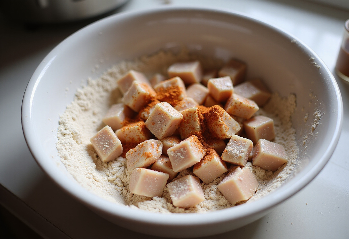 Diced chicken pieces coated in seasoned flour and spices for the best crispy honey butter chicken recipe.