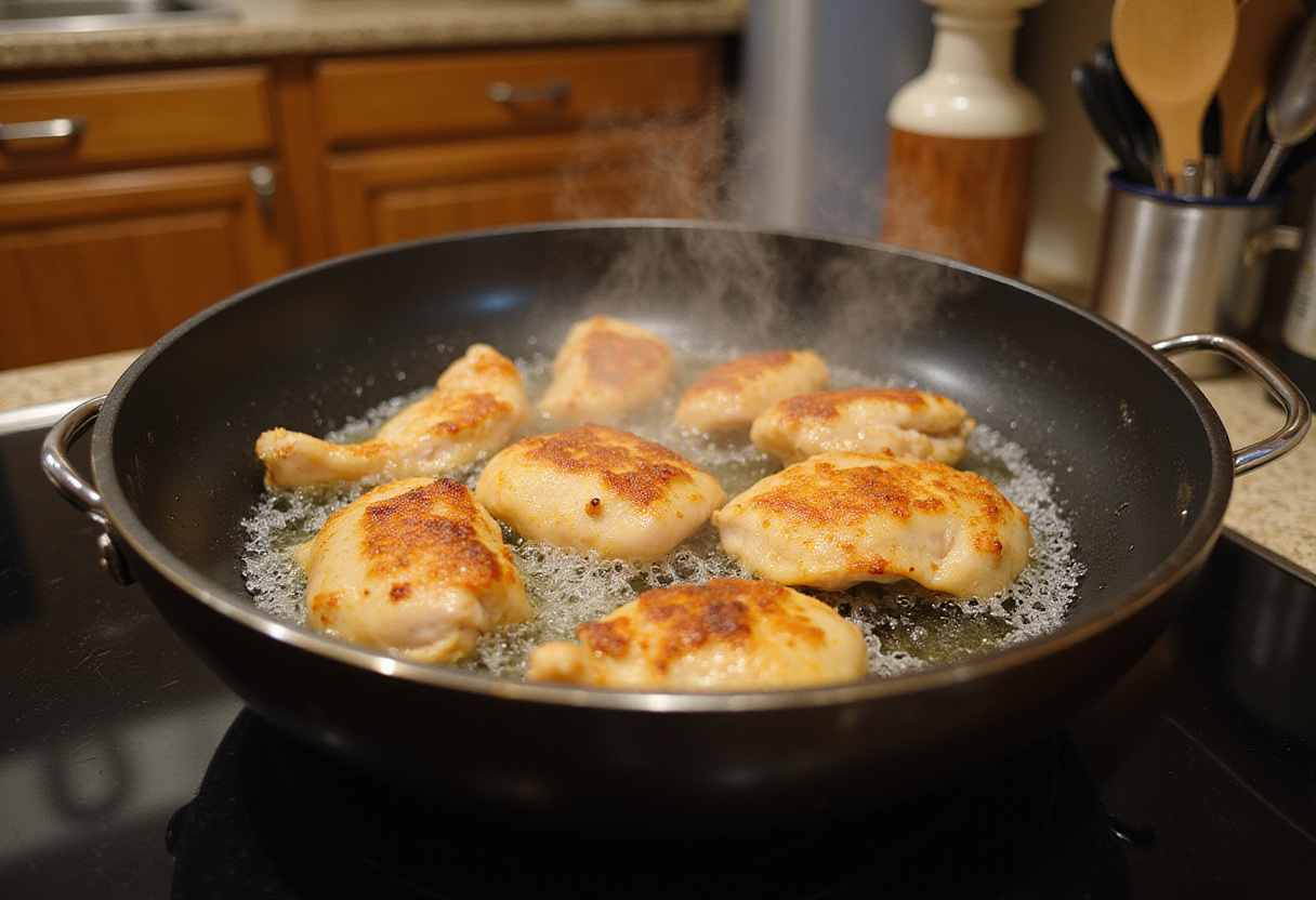 Frying golden brown chicken pieces in oil for the perfect crispy honey butter chicken dish.