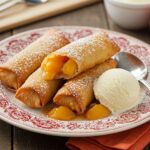 Delicious Peach Cobbler Egg Rolls served on a plate with powdered sugar and vanilla ice cream, showcasing a mouthwatering dessert.