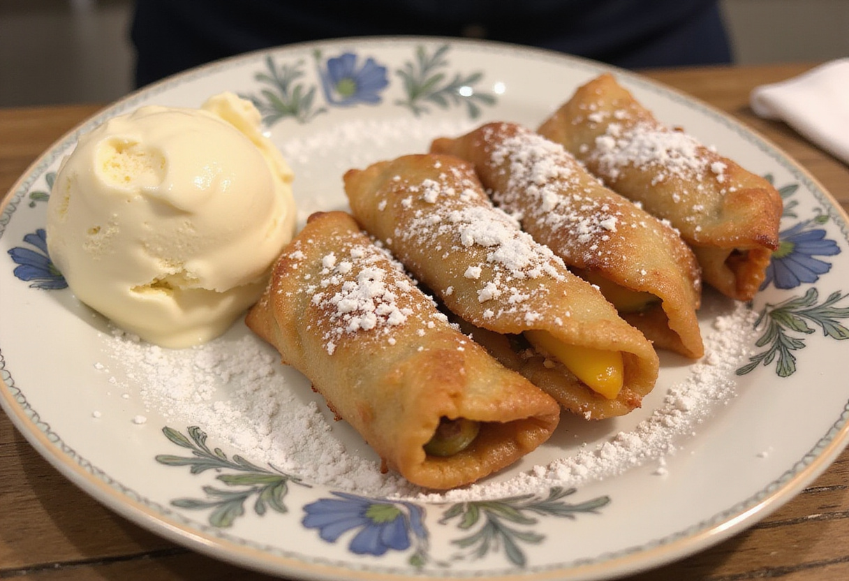 Delicious Peach Cobbler Egg Rolls served on a plate with powdered sugar and vanilla ice cream, showcasing a mouthwatering dessert.