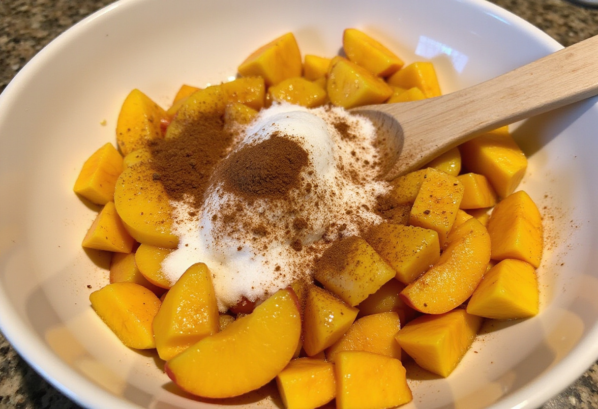 Peach Cobbler Egg Rolls fruit filling preparation with fresh diced peaches, sugar, and cinnamon in a bowl.