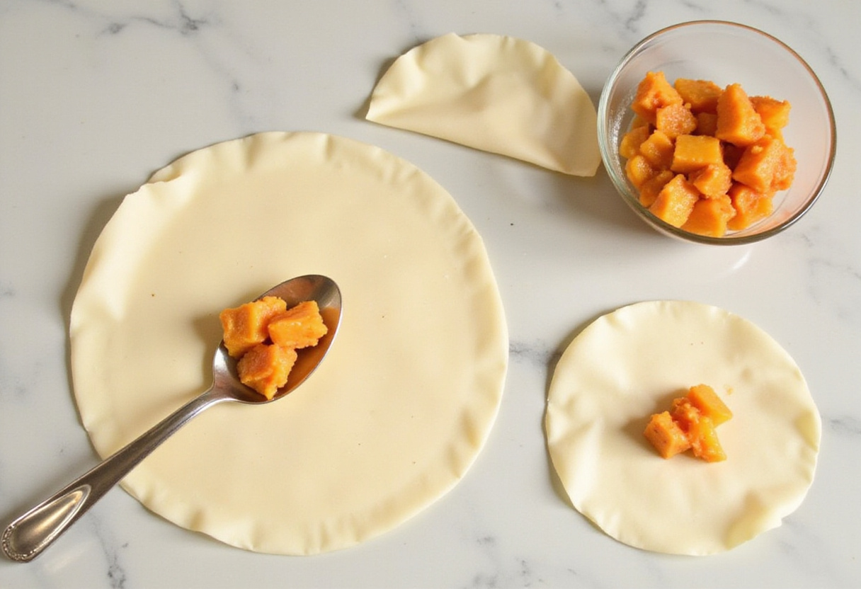 Assembling Peach Cobbler Egg Rolls by placing peach filling on egg roll wrappers on a clean countertop.