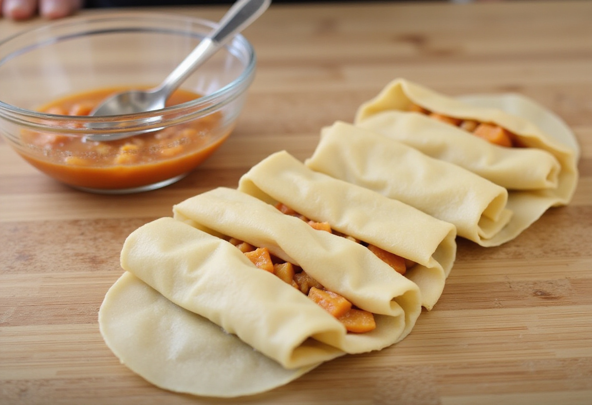 Sealing Peach Cobbler Egg Rolls with water after folding the wrappers, showcasing the filled and ready-to-cook rolls.