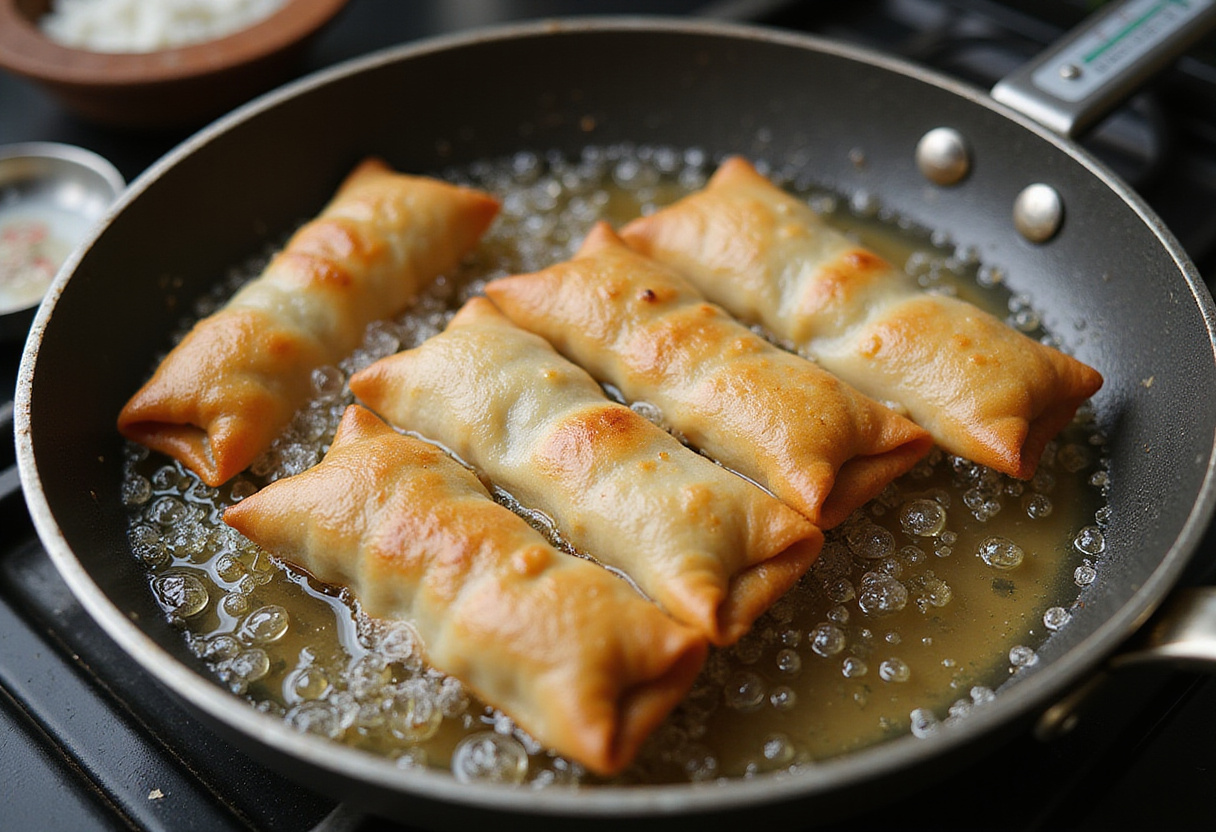 Frying Peach Cobbler Egg Rolls in hot oil until golden brown for a crispy finish.