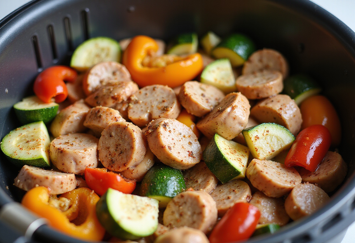 Preparation of 10 Minute Air Fryer Chicken Sausage and Veggies with fresh ingredients like sliced chicken sausage, colorful bell peppers, and zucchini tossed with olive oil and spices.