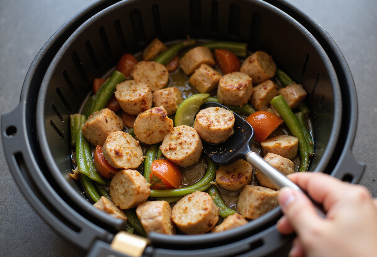 Mixing chicken sausage and veggies for a quick air fryer meal, highlighted by vibrant colors and a nutritious blend ready for cooking.
