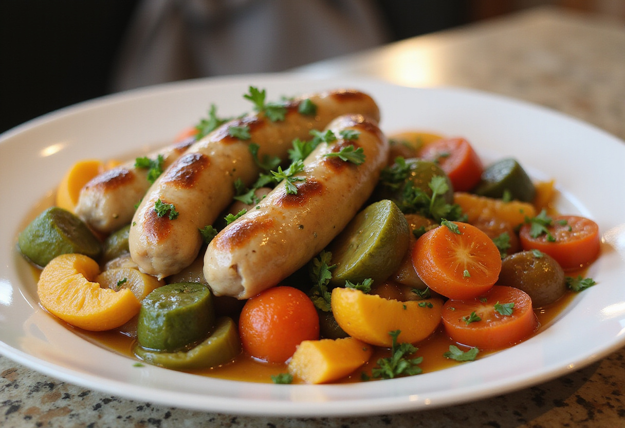 Deliciously cooked 10 Minute Air Fryer Chicken Sausage and Veggies, presented on a plate, garnished for a fresh and appealing look, ideal for a quick meal.