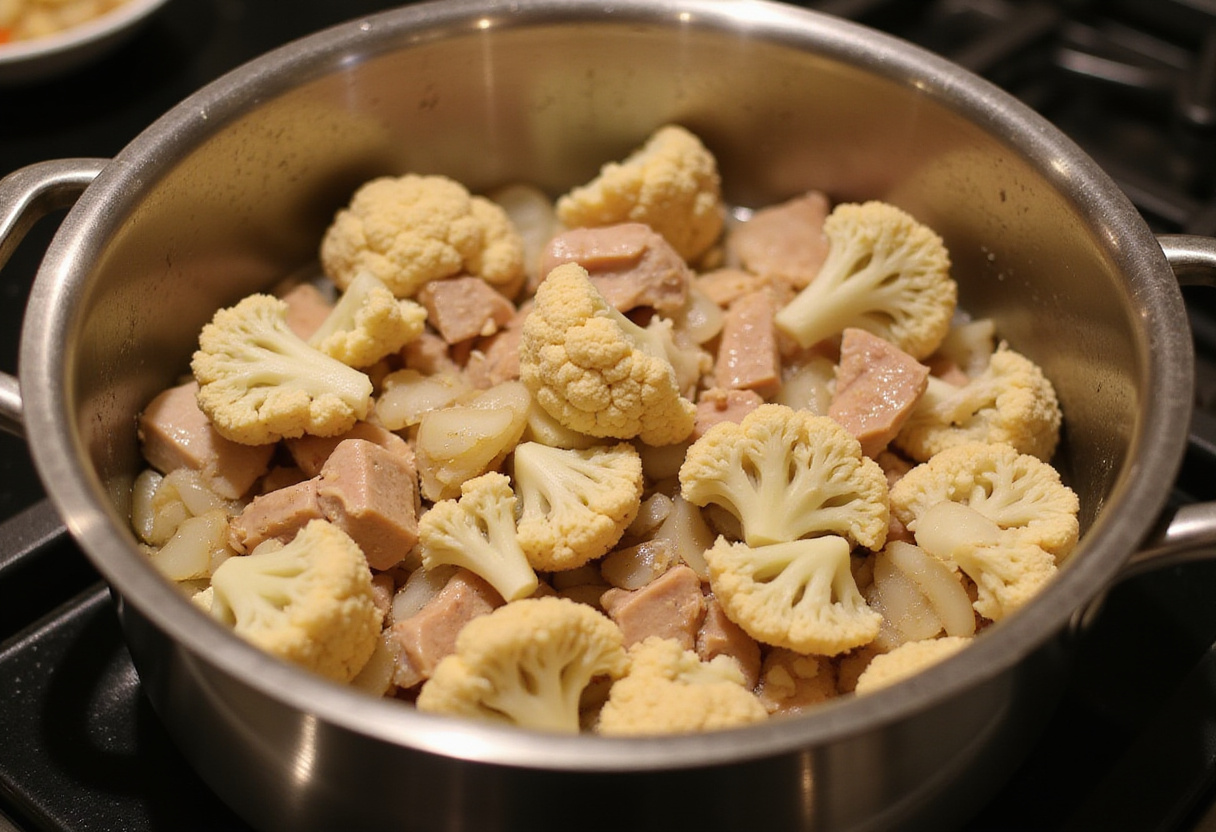 Fresh ingredients for Easy Anti-Inflammatory Cauliflower Chicken Soup being sautรฉed in a large pot, showcasing diced chicken and cauliflower for a healthy meal.