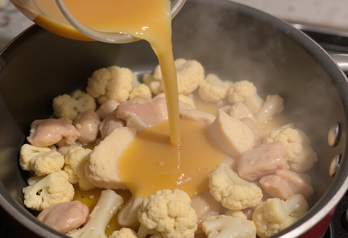 Pouring chicken broth into the developing 30-Minute Cauliflower Chicken Soup, capturing the essence of a quick and healthy anti-inflammatory recipe.