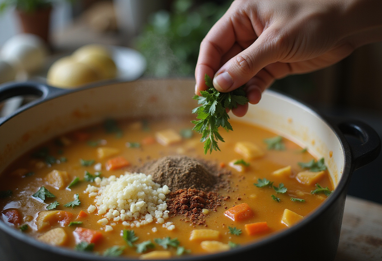 Adding fresh herbs and spices to the simmering 30-Minute Cauliflower Chicken Soup, enhancing flavors in this easy anti-inflammatory dish.