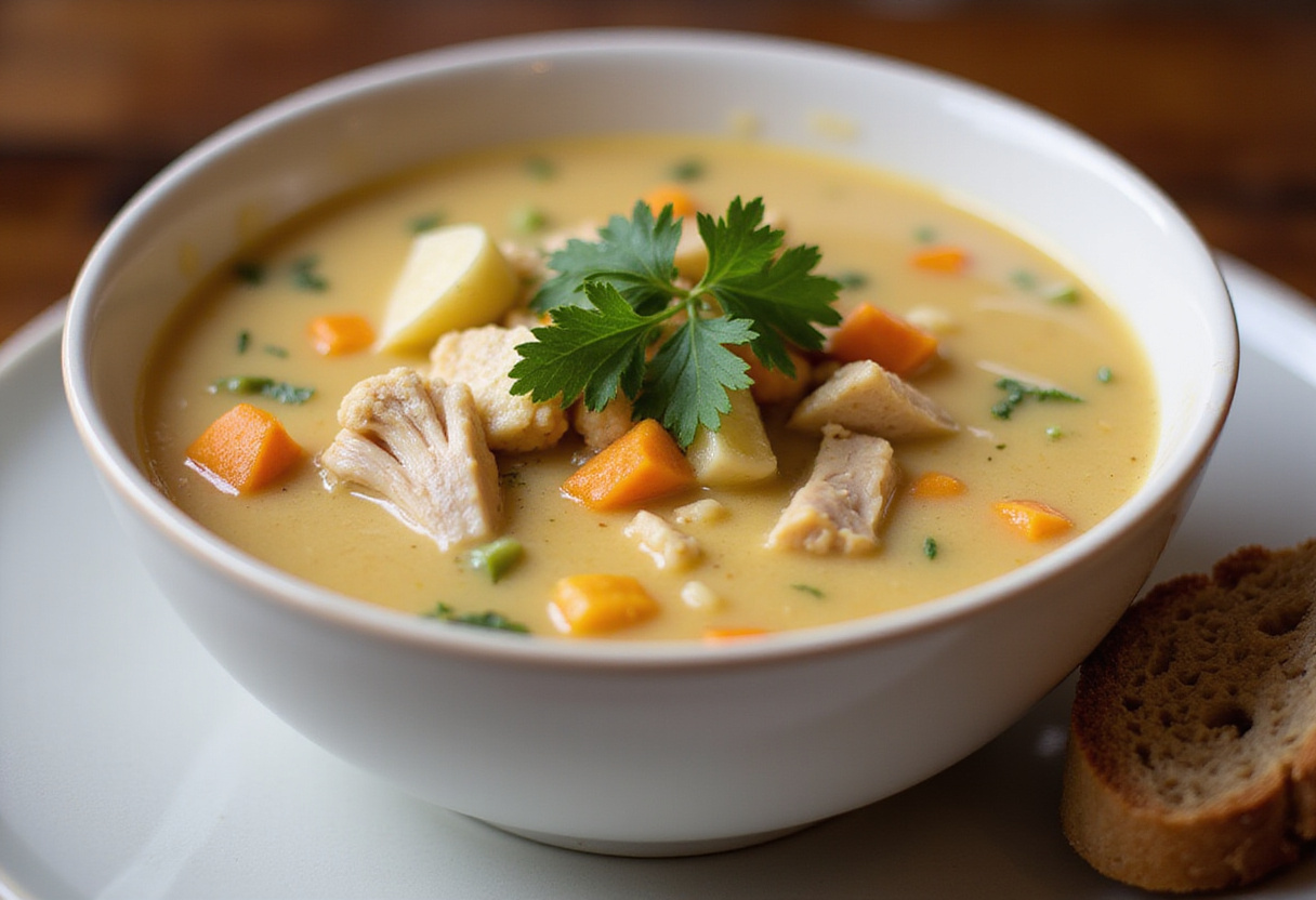 Deliciously garnished bowl of 30-Minute Cauliflower Chicken Soup, served with whole-grain bread, perfect for a healthy and comforting meal.