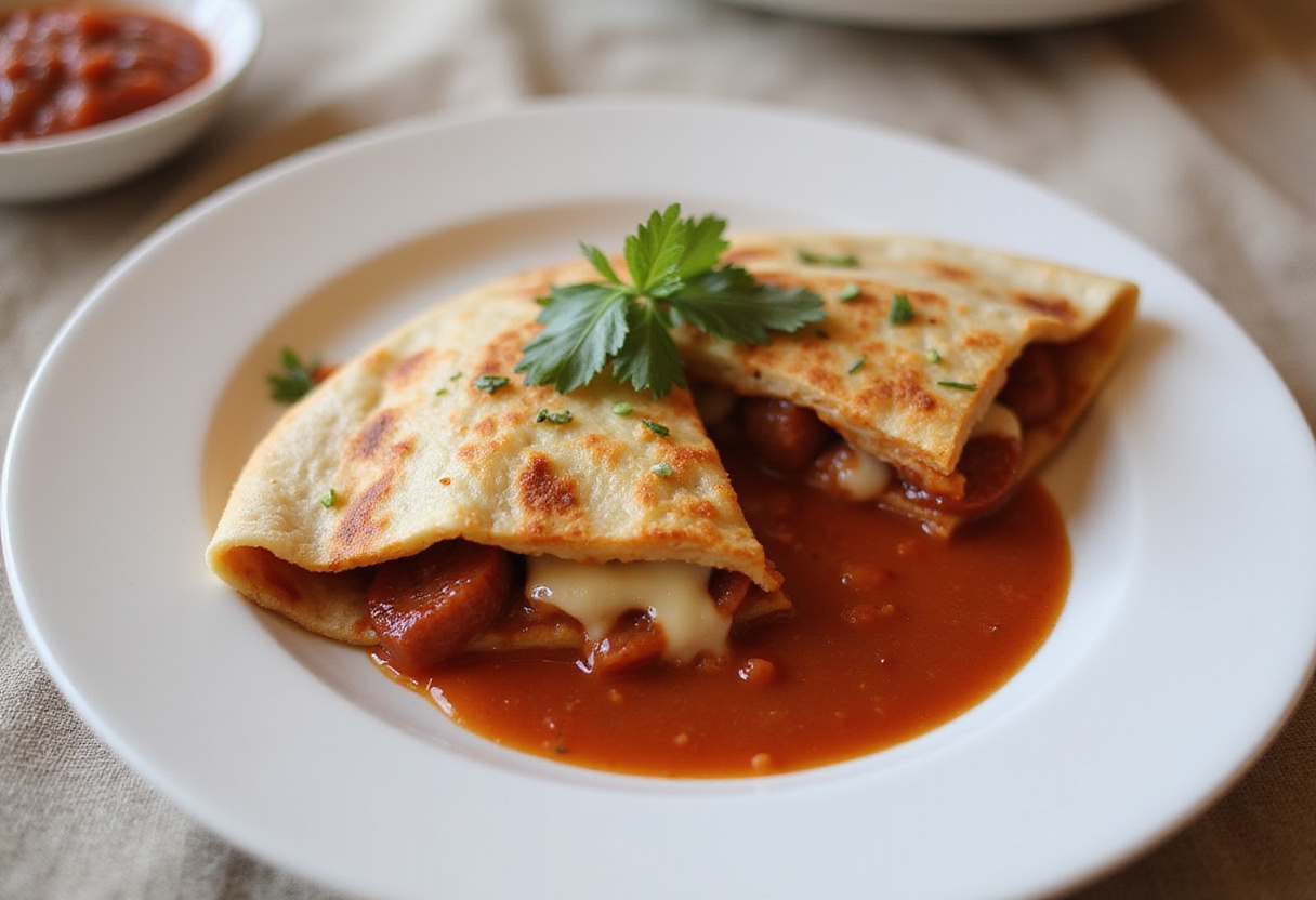 Deliciously sliced 5-Minute Pepperoni Pizza Quesadilla served with marinara sauce, crispy and cheesy comfort food.