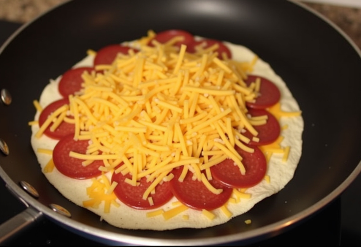 Tortilla topped with shredded cheese and pepperoni for quick 5-Minute Pepperoni Pizza Quesadilla, easy and delicious.