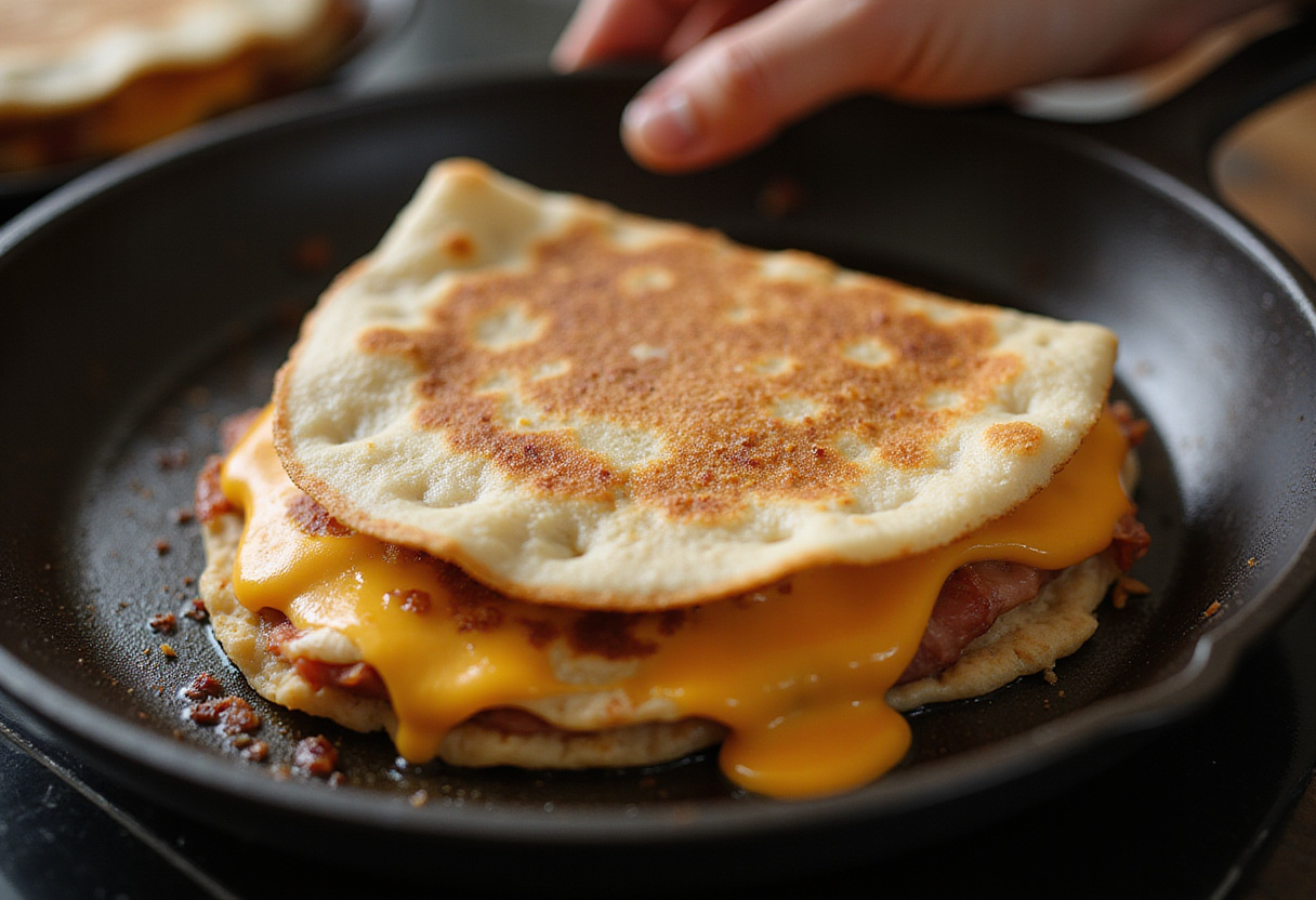 Flipping golden-brown quesadilla in skillet for 5-Minute Pepperoni Pizza Quesadilla, easy and perfect cooking technique.
