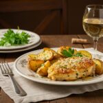 Final presentation of Garlic Parmesan Chicken and Potatoes, beautifully plated and garnished, perfect for dinner.