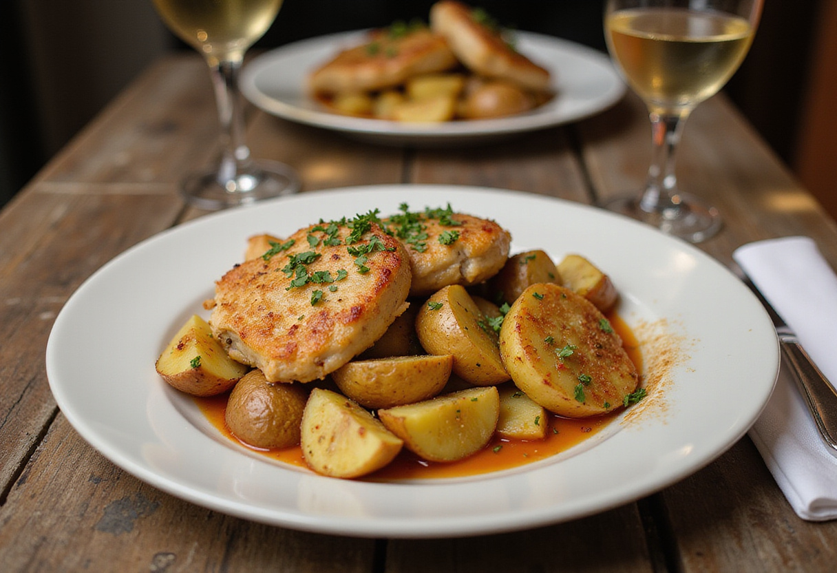 Final presentation of Garlic Parmesan Chicken and Potatoes, beautifully plated and garnished, perfect for dinner.