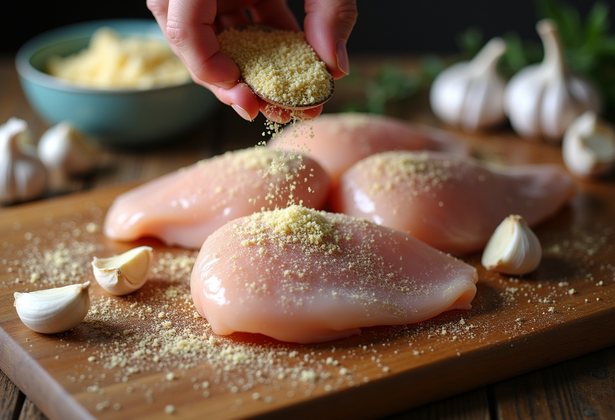 Seasoning raw chicken pieces with garlic powder for Garlic Parmesan Chicken and Potatoes recipe.