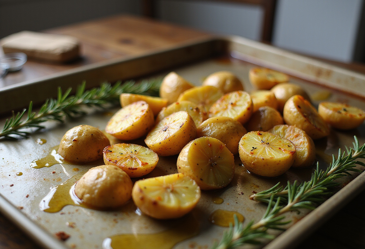 Roasting seasoned potatoes for Garlic Parmesan Chicken and Potatoes, featuring olive oil and fresh rosemary.