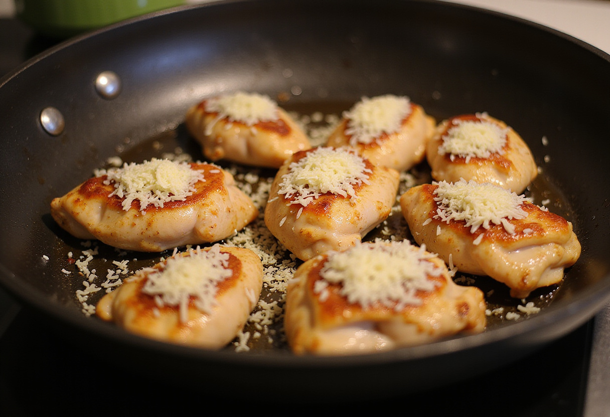 Browning chicken pieces in a skillet for Garlic Parmesan Chicken and Potatoes recipe, topped with melted Parmesan cheese.