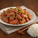 delicious Spicy Dragon Chicken served with rice, an enticing Asian meal perfect for cravings