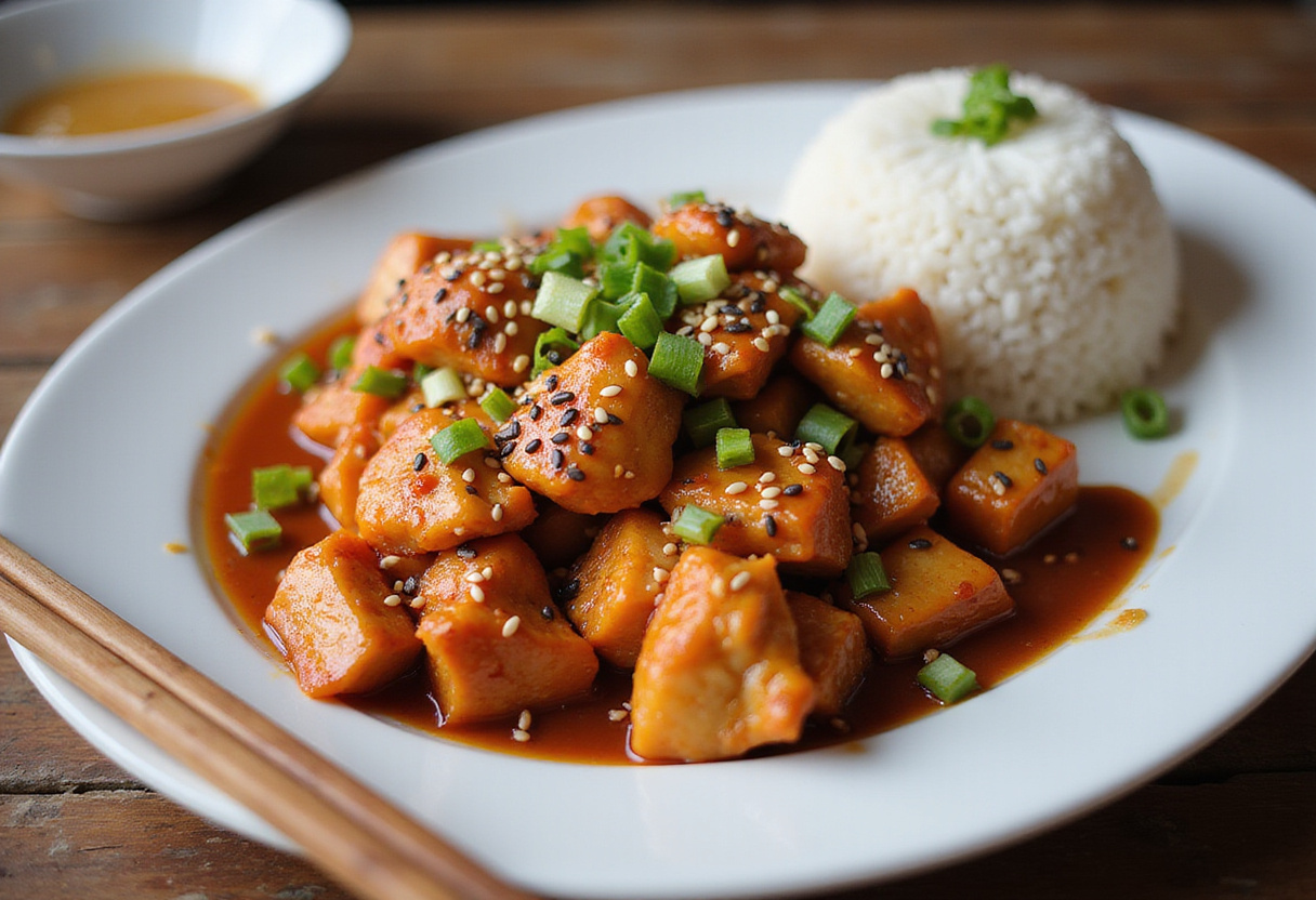 delicious Spicy Dragon Chicken served with rice, an enticing Asian meal perfect for cravings