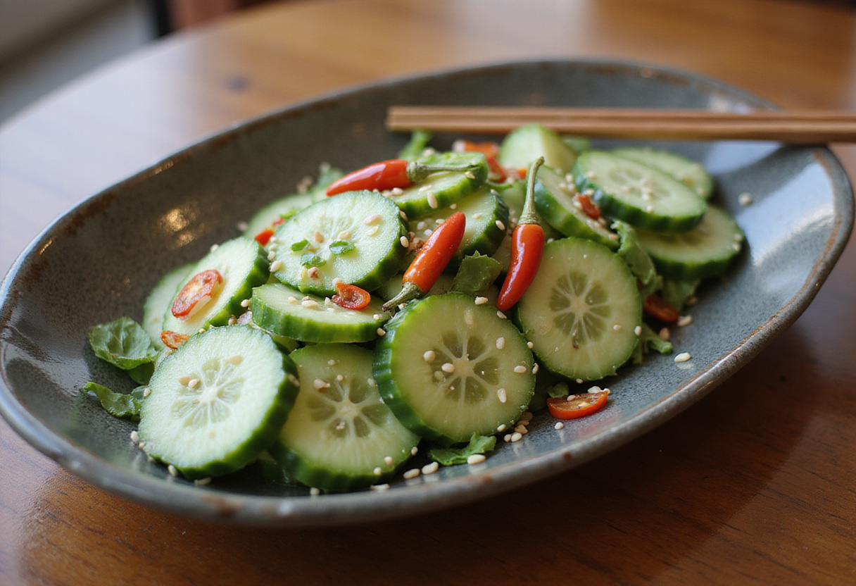 Asiatischer Gurkensalat mit Chili & Sesam served beautifully in a dish, showcasing the freshness and vibrant colors.