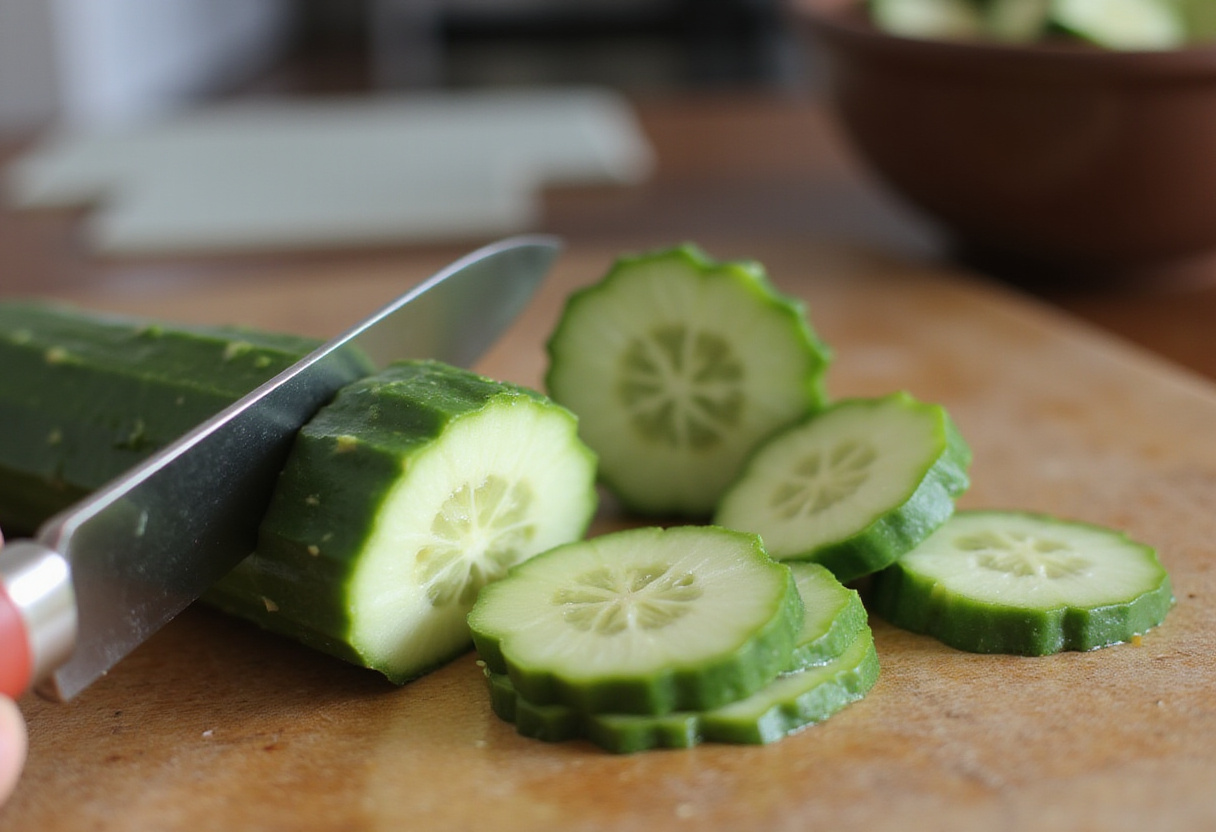 Asiatischer Gurkensalat mit Chili & Sesam fresh cucumber slices being prepared on a wooden cutting board.