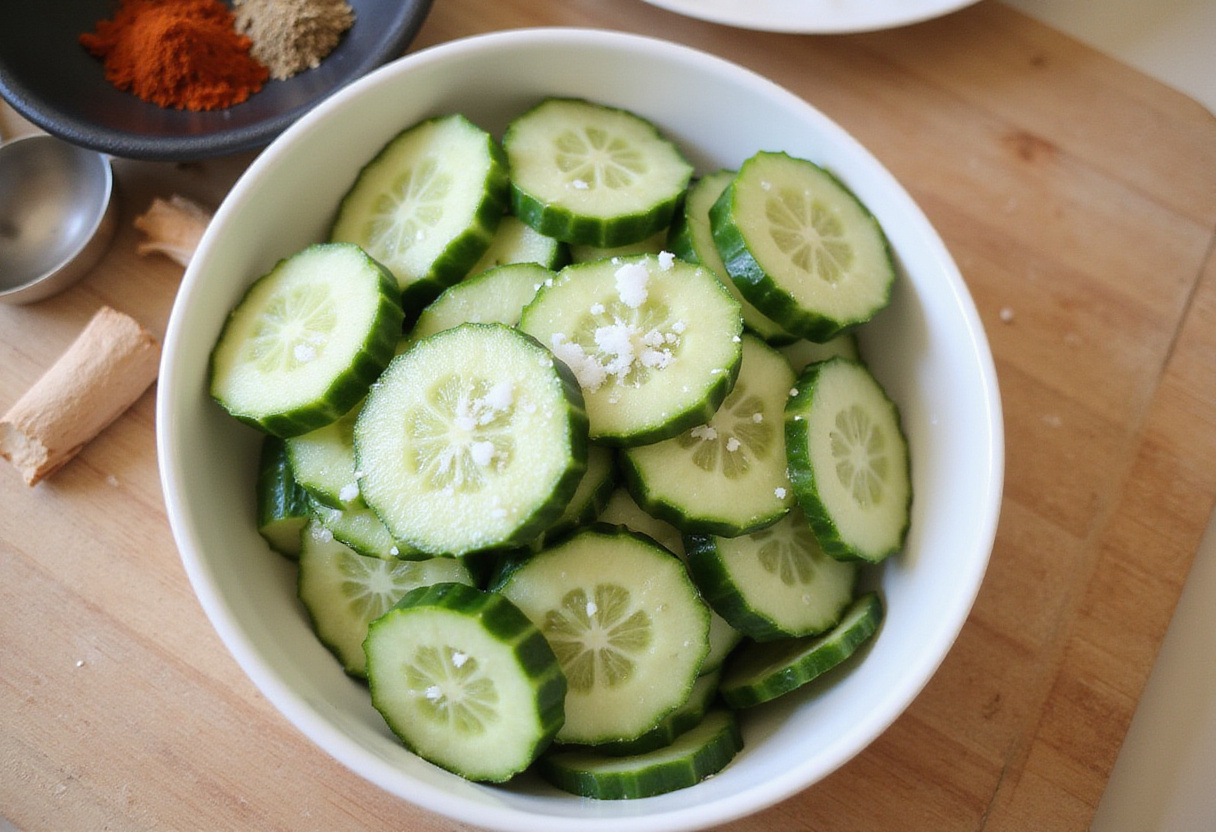 Asiatischer Gurkensalat mit Chili & Sesam cucumber slices salted in a bowl ready for preparation.