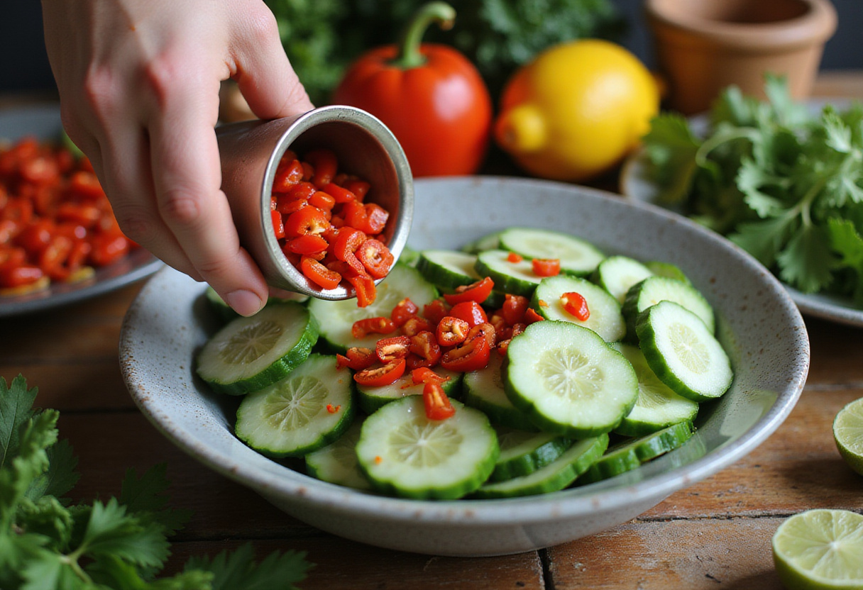 Asiatischer Gurkensalat mit Chili & Sesam fresh chili peppers being mixed with cucumber for flavor.