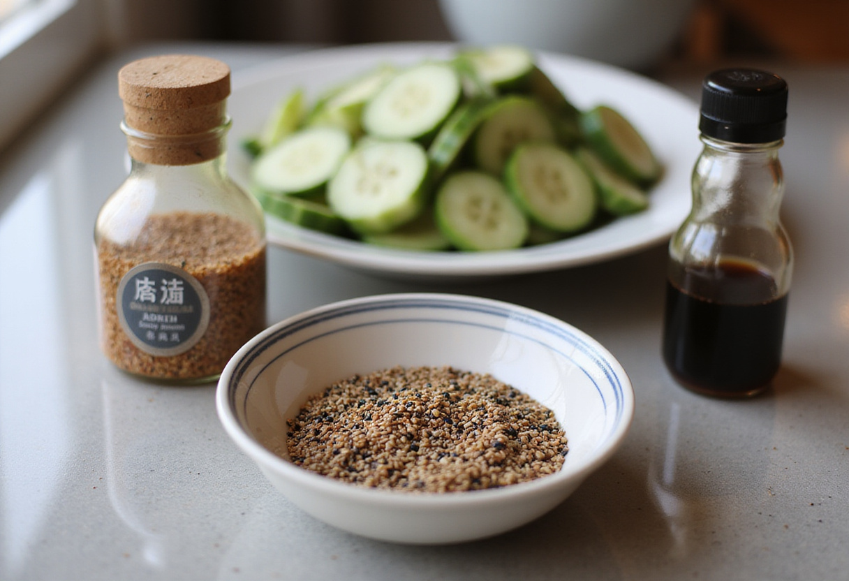 Asiatischer Gurkensalat mit Chili & Sesam sesame seeds and soy sauce ready for the dressing addition.