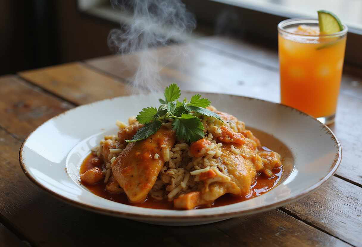 Final presentation of Authentic Brazilian Coconut Chicken with vibrant garnishes, showcasing deliciousness and inviting aroma, vibrant home-cooked meal.