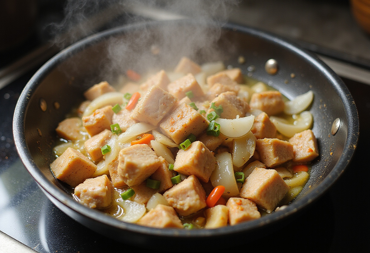 Authentic Brazilian Coconut Chicken preparation, sautรฉed chicken pieces with onions and garlic in coconut oil, Brazilian cuisine spices.