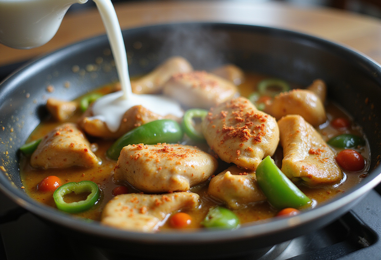 Creamy coconut milk being added to Brazilian chicken dish, enhancing flavor with spices and vegetables, spicy kick illustrated by colorful ingredients.