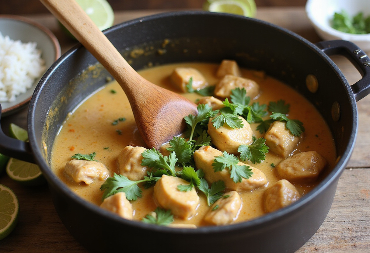 Stirring authentic Brazilian Coconut Chicken in a pot, simmering with spices and a sprinkle of fresh cilantro, ready for serving with rice.