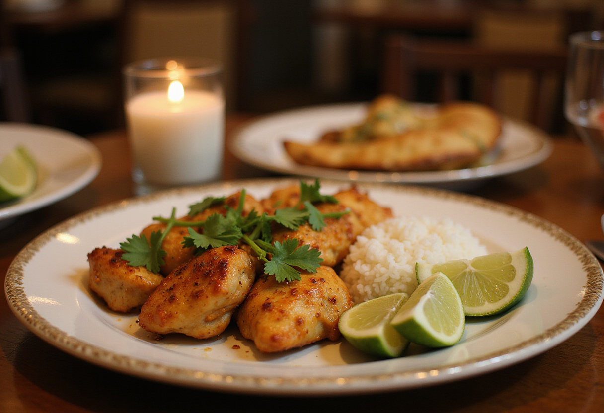 Served Authentic Brazilian Coconut Chicken with rice and lime wedges, beautifully plated dish representing Brazilian comfort food, inviting dining experience.