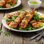 Final presentation of BBQ Chicken Skewer Salad, showcasing grilled chicken skewers and fresh vegetables, perfect for summer dining.