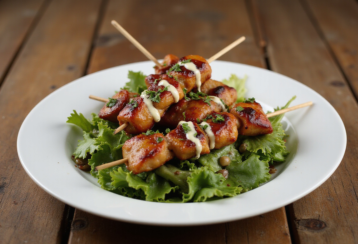 Final presentation of BBQ Chicken Skewer Salad, showcasing grilled chicken skewers and fresh vegetables, perfect for summer dining.