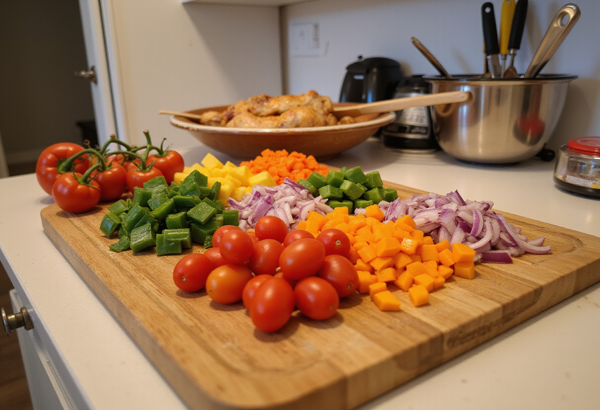 Fresh veggies and marinated chicken for BBQ Chicken Skewer Salad preparation, vibrant colors appealing to health enthusiasts.