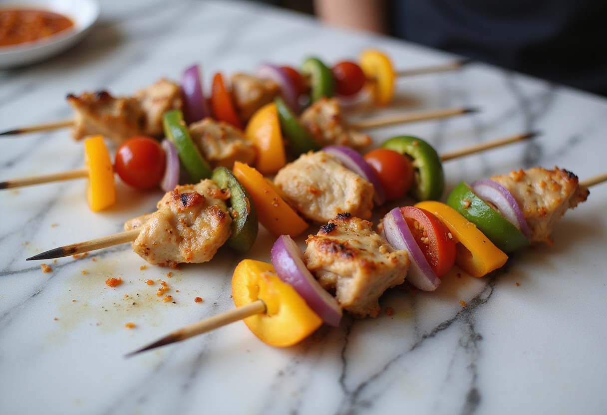 Assembling BBQ Chicken Skewers with fresh vegetables and grilled chicken, ideal for a healthy BBQ Chicken Skewer Salad.