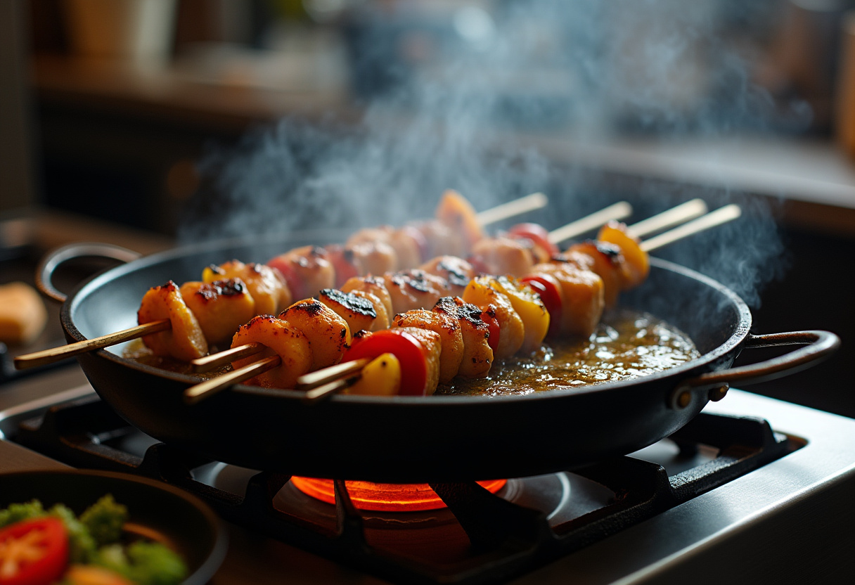 Grilling BBQ Chicken Skewers, highlighting the juicy chicken and colorful vegetables for a delicious salad experience.