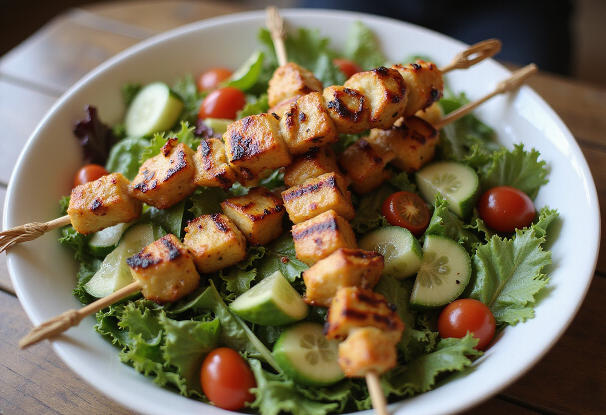 Mixing greens and colorful ingredients for a refreshing BBQ Chicken Skewer Salad, appealing to health-conscious eaters.
