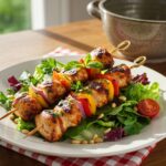 A stunning presentation of BBQ Chicken Skewer Salad with grilled chicken skewers, fresh greens, and colorful vegetables, perfect for a healthy meal.