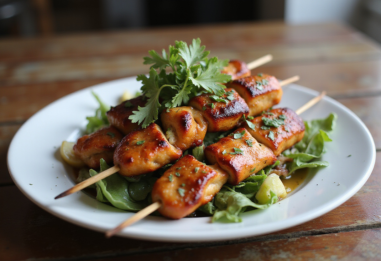 A stunning presentation of BBQ Chicken Skewer Salad with grilled chicken skewers, fresh greens, and colorful vegetables, perfect for a healthy meal.