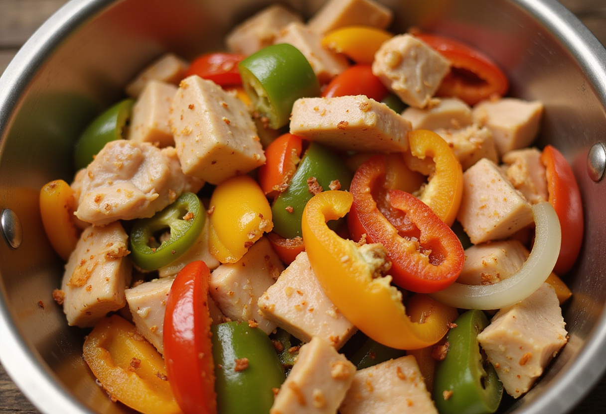 BBQ Chicken Skewer Salad preparation with fresh ingredients including chicken, colorful bell peppers, and onions in a bowl.