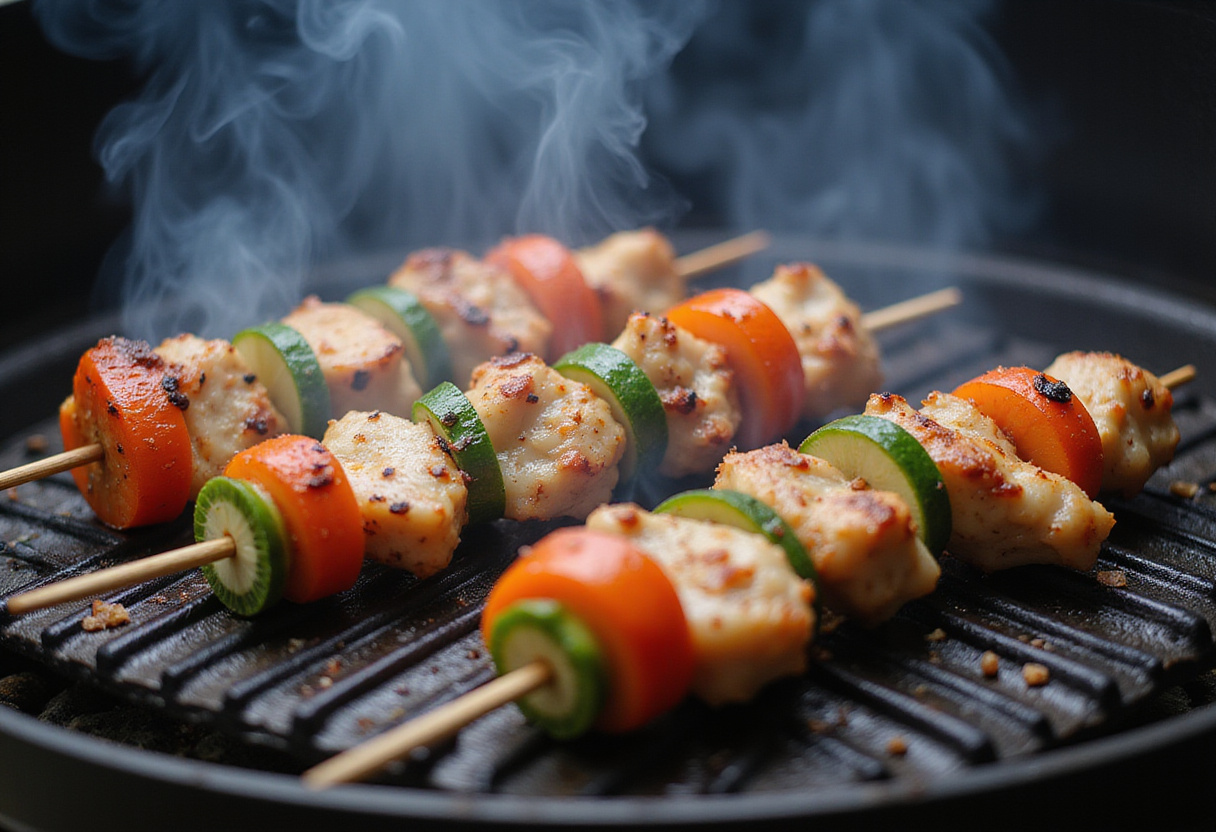 Grilling BBQ chicken skewers with vibrant vegetables on a barbecue grill, demonstrating the delicious cooking process of the BBQ Chicken Skewer Salad.