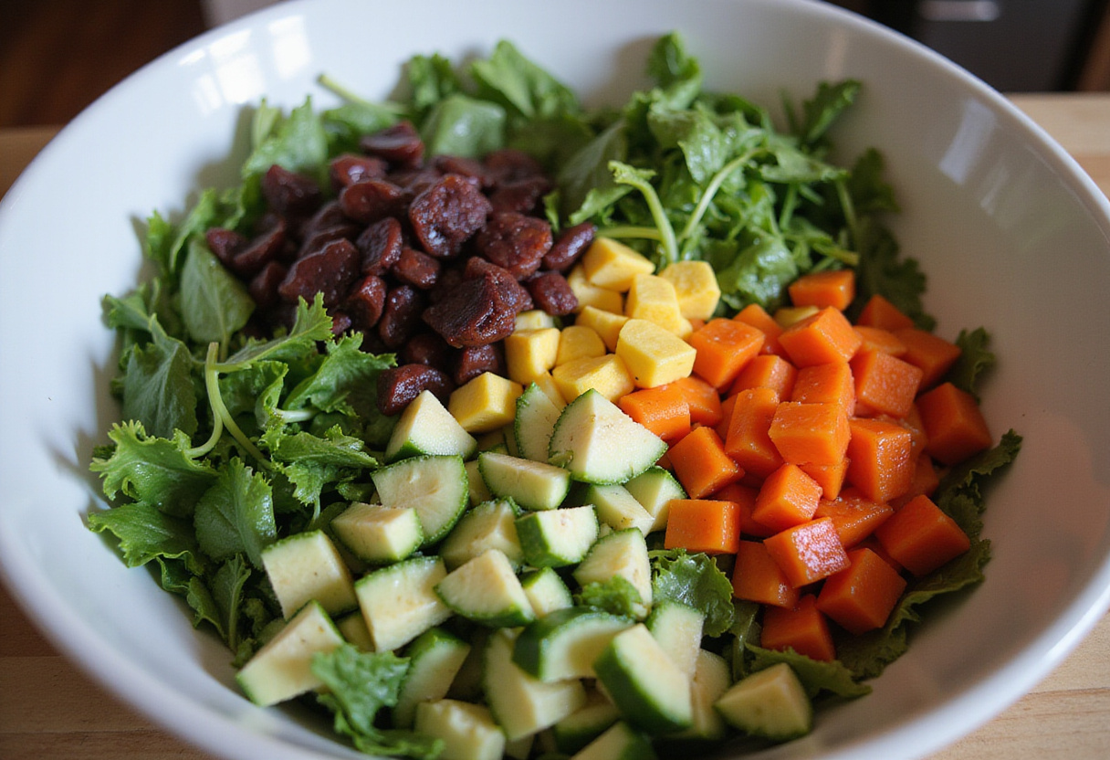 Preparing a fresh garden salad for BBQ Chicken Skewer Salad with crisp greens and a variety of chopped vegetables.