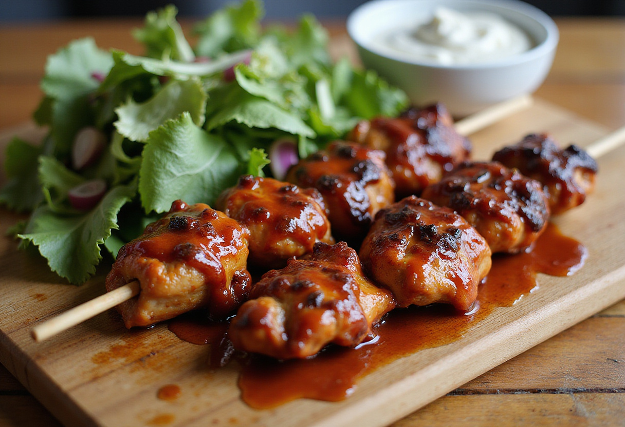 Juicy BBQ chicken skewers alongside a fresh green salad, showcasing the final preparation of the BBQ Chicken Skewer Salad.